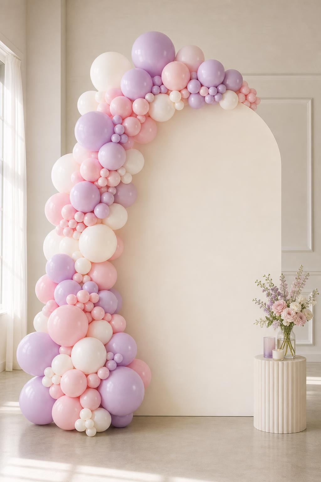 AI-generated mockup: pastel pink, lavender, and cream organic garland on a single cream arch backdrop