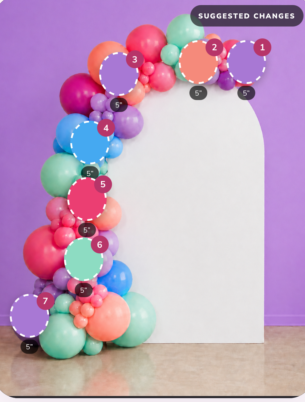 Balloon garland photo with AI suggested placement markers