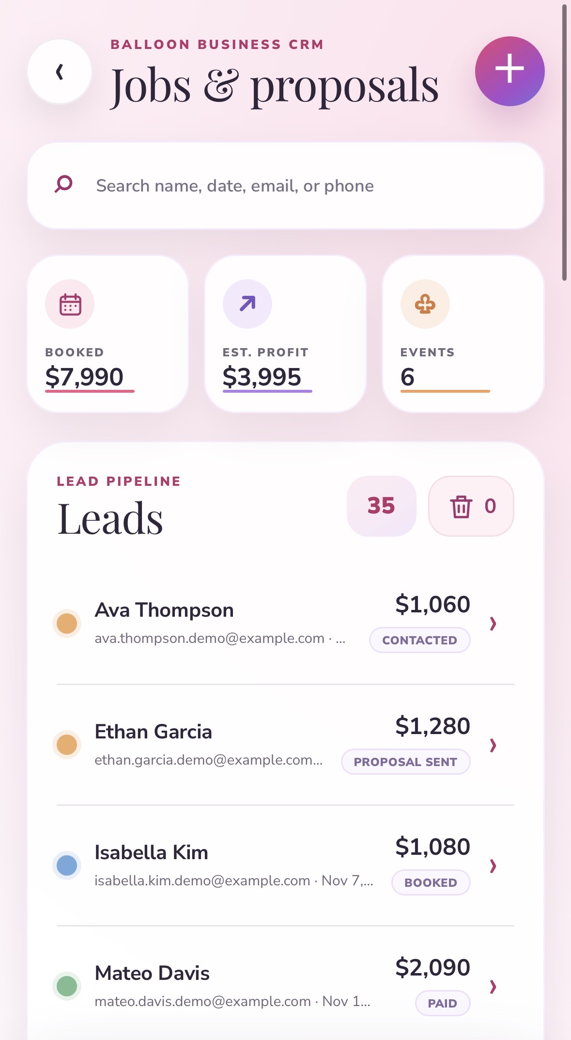 BalloonFlow Pro jobs and proposals screen: booked total, estimated profit, event count, and the lead pipeline